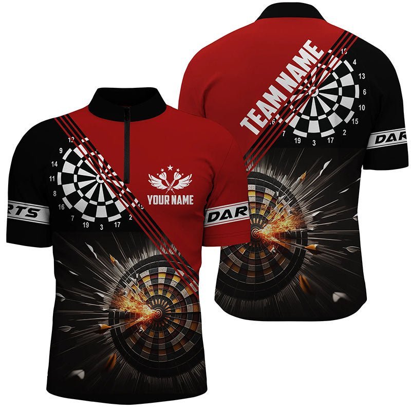 Personalisiertes Herren-Quarter-Zip-Shirt mit Dartmotiv in Schwarz und Rot, individuell anpassbares Dart-Trikot für Männer R812 - Climcat