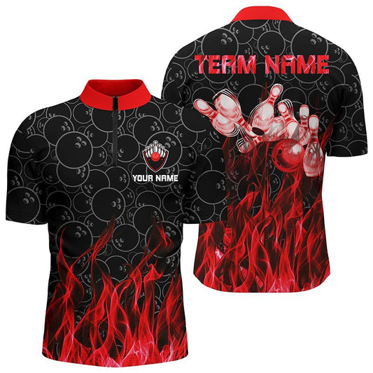 Personalisiertes Herren Viertel-Zip Bowling Shirt Rot Flamme Bowlingkugel Pins Tarnmuster Bowling Trikots für Bowler Q6739 - Climcat