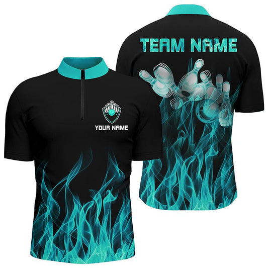 Personalisiertes Herren Viertel-Zip Bowling Shirt Türkis Flamme Bowlingkugel Pins Bowling Trikot für Bowler Q6822 - Climcat