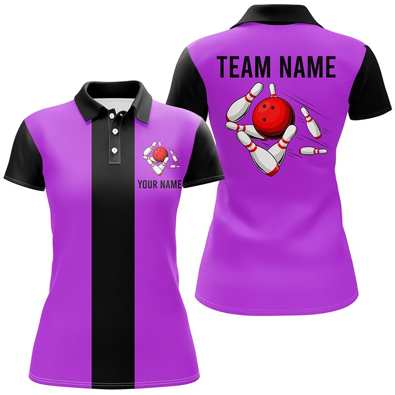 Personalisiertes Lila Schwarz Retro Bowling Polo-Shirt für Damen - Individuelle Vintage-Bowling-Teamtrikots Q6803 - Climcat