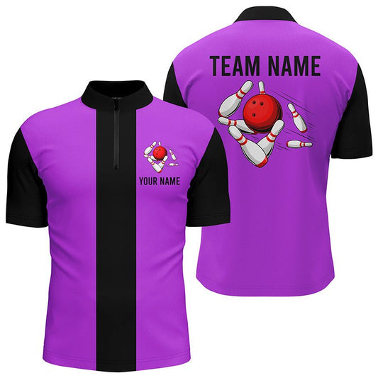 Personalisiertes Lila Schwarz Retro Bowling Quarter Zip Shirt für Herren - Individuelle Vintage Bowling Team Trikots Q6803 - Climcat