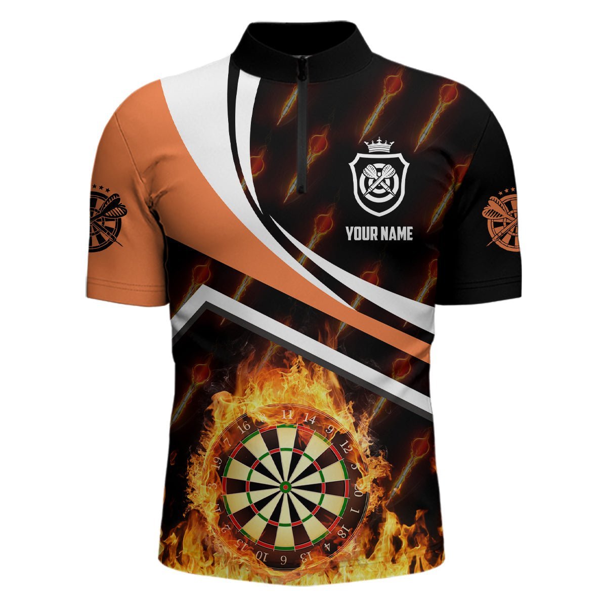 Personalisiertes Orange Feuerflammen-Darts-1/4-Zip-Shirt für Herren, Darts-Shirt, Darts-Trikot G986 - Climcat