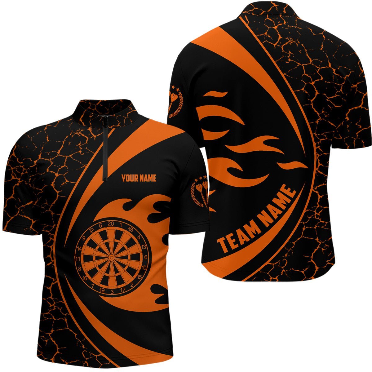 Personalisiertes orangefarbenes Feuerflammen-Darts-1/4-Zip-Shirt für Herren, Darts-Shirt, Darts-Trikot Z343 - Climcat