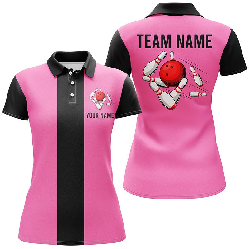 Personalisiertes Pink Schwarz Retro Bowling Polo-Shirt für Damen - Individuelle Vintage-Bowling-Teamtrikots Q6568 - Climcat