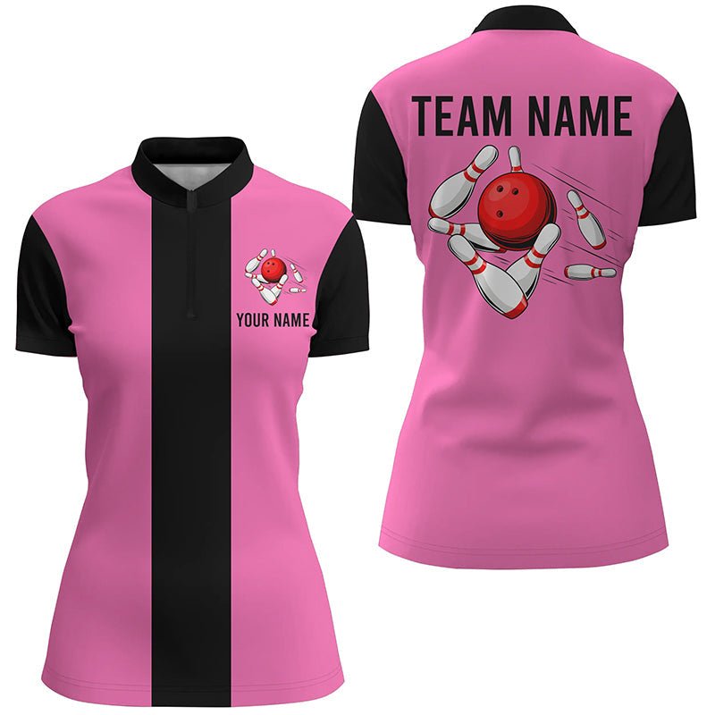 Personalisiertes Pink Schwarz Retro Bowling Quarter Zip Shirt für Damen - Individuelle Vintage Bowling Team Trikots Q6568 - Climcat