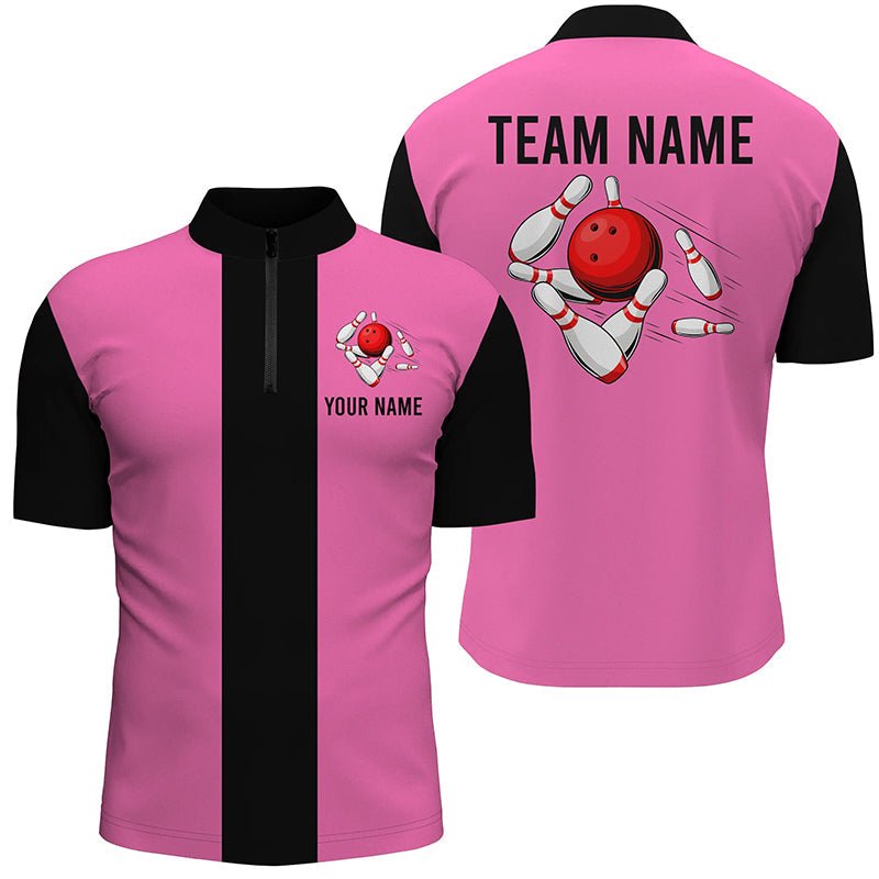 Personalisiertes Pink Schwarz Retro Bowling Quarter Zip Shirt für Herren - Individuelle Vintage-Bowling-Teamtrikots Q6568 - Climcat