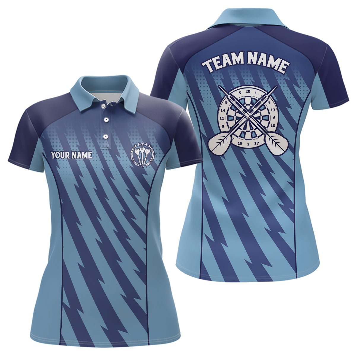 Personalisiertes Polo-Shirt mit blauem Verlauf und Blitzmotiv für Dartspielerinnen - Dart-Trikot für Frauen LDT0483 E353 - Climcat