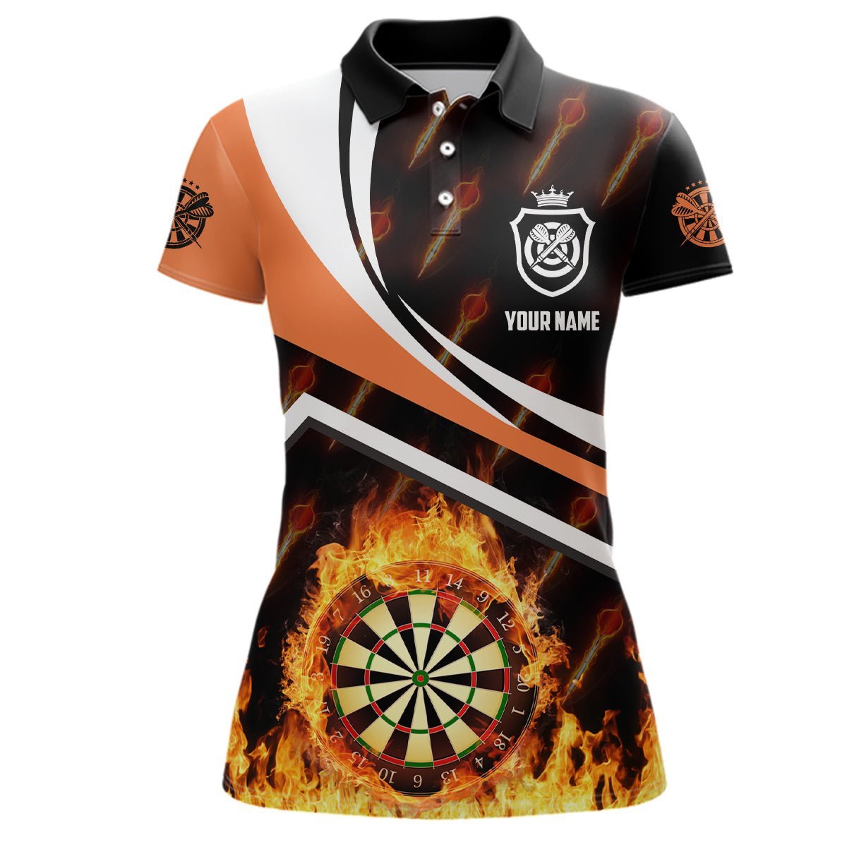 Personalisiertes Polo-Shirt mit orangenem Feuerflammen-Dartmotiv, Dartshirt für Frauen, Darttrikot R793 - Climcat