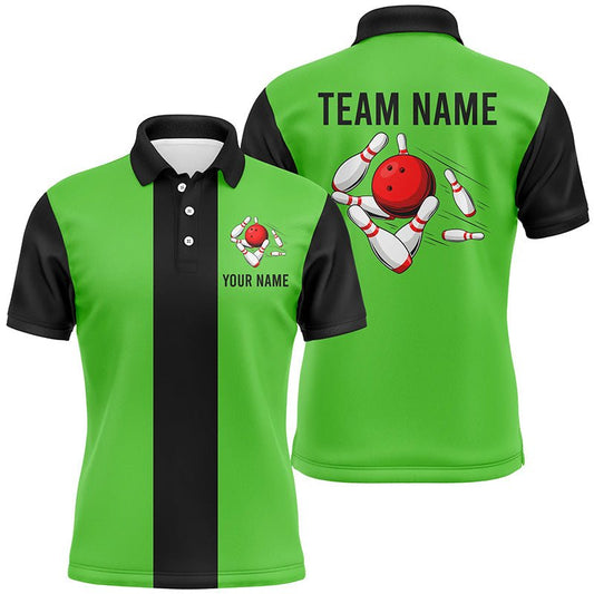 Personalisiertes Retro Bowling Polo Shirt für Herren in Grün und Schwarz, individuell anpassbare Vintage Bowling Team Trikots - Climcat