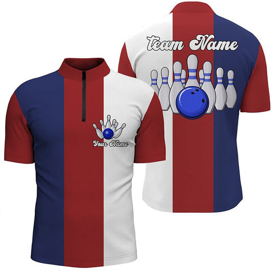 Personalisiertes Retro Bowling Viertel-Zip-Shirt in Rot, Weiß und Blau für Herren - Individuelle Bowling-Teamtrikots Q6569 - Climcat