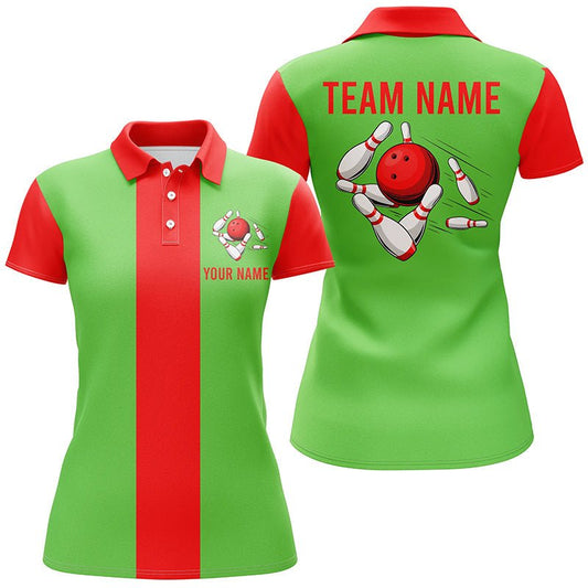 Personalisiertes Rot Grün Weihnachts-Bowling-Polo-Shirt für Damen - Vintage Bowling Team Trikots Q6882 - Climcat