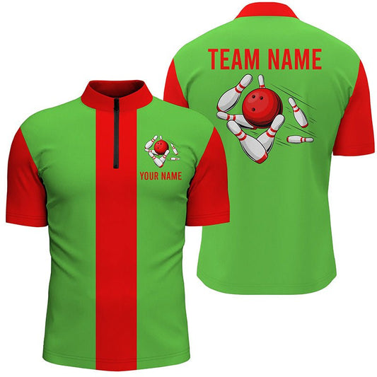 Personalisiertes Rot Grün Weihnachts-Bowling-Quarter-Zip-Shirt für Herren - Individuelle Vintage-Bowling-Teamtrikots Q6882 - Climcat