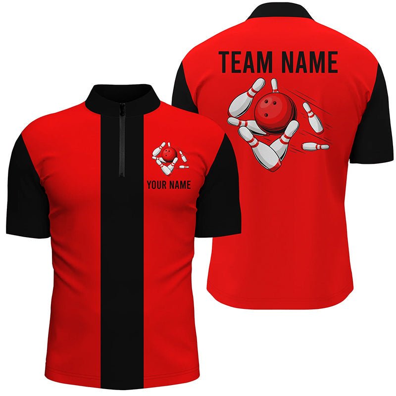 Personalisiertes Rot Schwarz Retro Bowling Quarter Zip Shirt für Herren - Individuelle Vintage Bowling Team Trikots Q6881 - Climcat