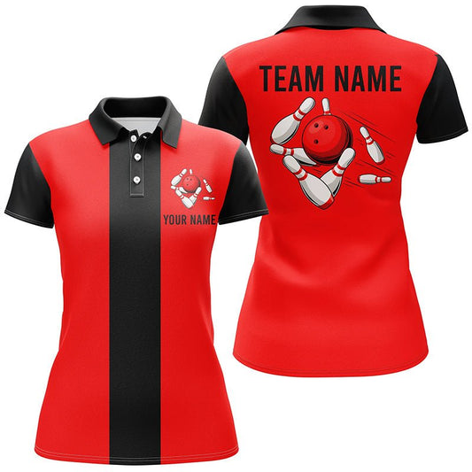 Personalisiertes Rot-Schwarzes Retro Bowling Polo-Shirt für Damen - Individuelle Vintage Bowling Team Trikots Q6881 - Climcat