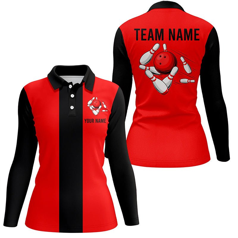 Personalisiertes Rot-Schwarzes Retro Bowling Polo-Shirt für Damen - Individuelle Vintage Bowling Team Trikots Q6881 - Climcat