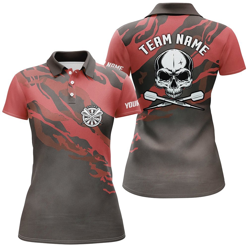 Personalisiertes rotes Damen Polo-Shirt mit Totenkopf-Darts, individuell anpassbares Darts-Shirt für Frauen, Dart-Trikots U783 - Climcat