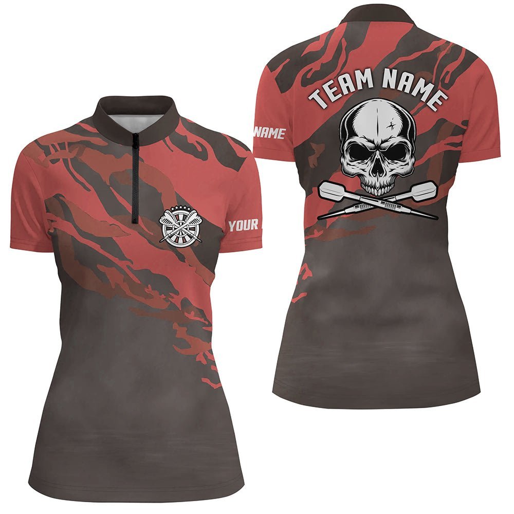 Personalisiertes rotes Dart-Shirt mit Totenkopf-Motiv, individuell anpassbares 1/4 Zip Dart-Trikot für Frauen M958 - Climcat