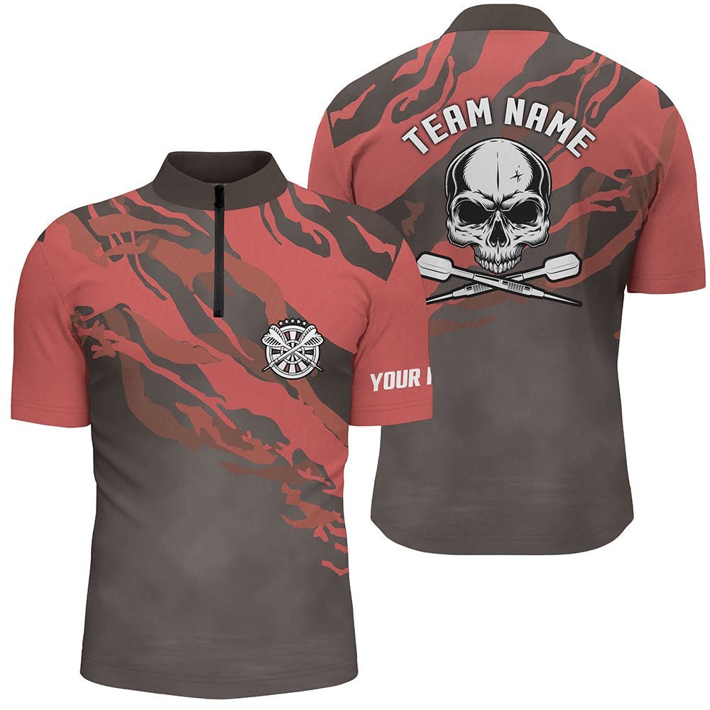 Personalisiertes rotes Dart-Shirt mit Totenkopf-Motiv, individuell anpassbares 1/4 Zip Dart-Trikot für Herren C8307 - Climcat