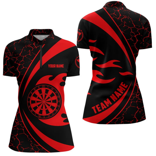Personalisiertes rotes Feuerflammen-Dart-1/4-Zip-Shirt für Frauen, Dart-Team-Trikot L451 - Climcat