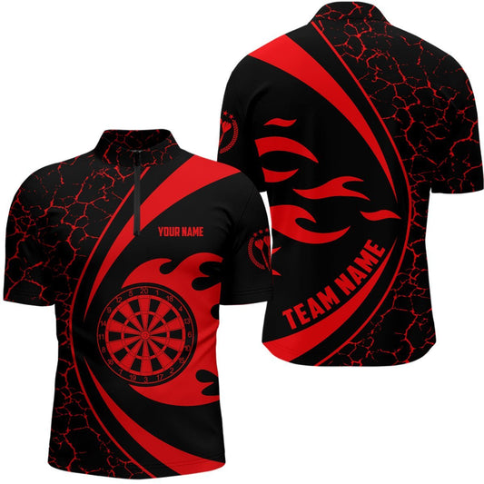 Personalisiertes rotes Feuerflammen-Darts-1/4-Zip-Shirt für Herren, Darts-Team-Trikot G498 - Climcat