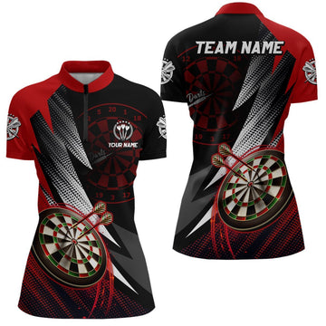 Personalisiertes rotes schwarzes Darts-Quarter-Zip-Shirt, individuell anpassbares cooles Damen-Darts-Shirt, Teamtrikot M933 - Climcat