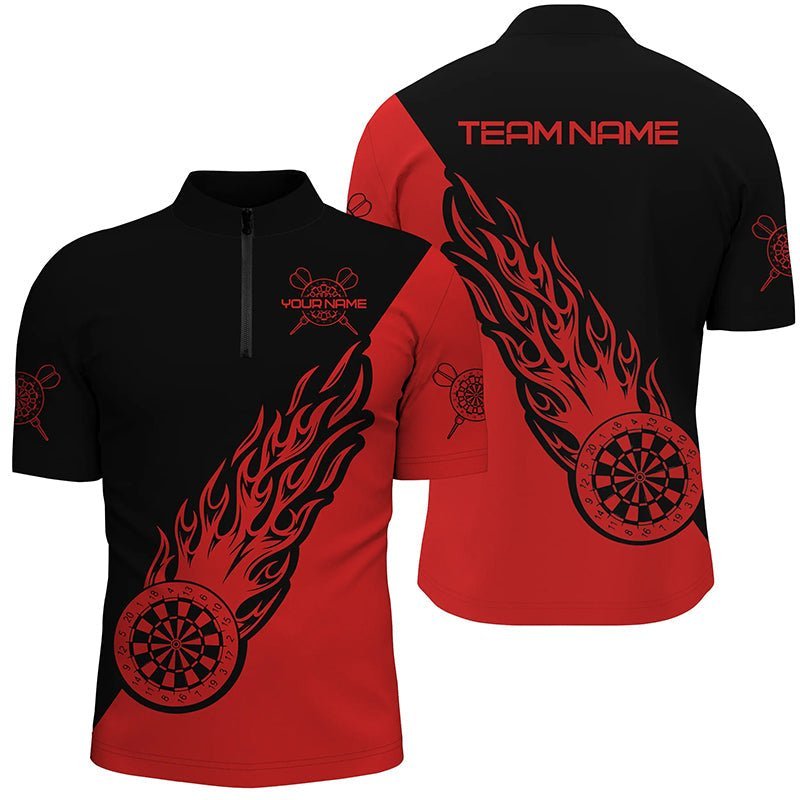 Personalisiertes rotes schwarzes Flammen Dart 1/4 Zip Shirt, individuell anpassbares Dart-Shirt für Herren, Dart-Trikot E182 - Climcat