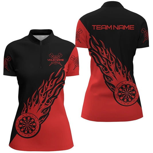 Personalisiertes rotes schwarzes Flammen-Darts-1/4-Zip-Shirt für Damen, individuell anpassbares Darts-Shirt Dart-Trikot Z749 - Climcat