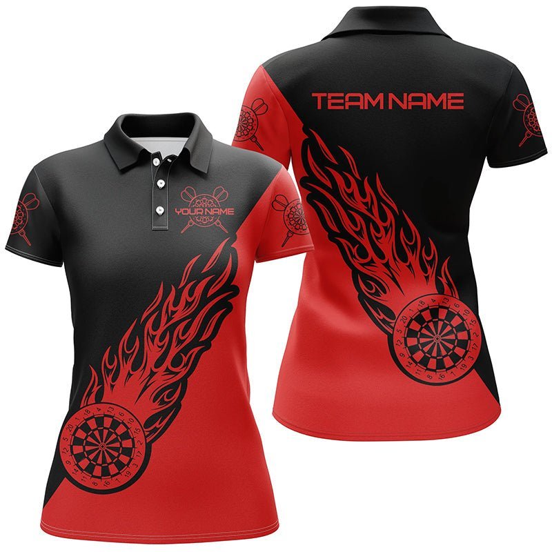 Personalisiertes rotes schwarzes Flammen-Darts-Polo-Shirt, individuell anpassbares Darts-Shirt für Frauen, Dart-Trikot C249 - Climcat