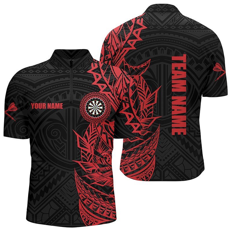 Personalisiertes rotes Tribal-Darts-Quarter-Zip-Shirt, individuell anpassbares Darts-Shirt für Herren, Dart-Trikots H945 - Climcat