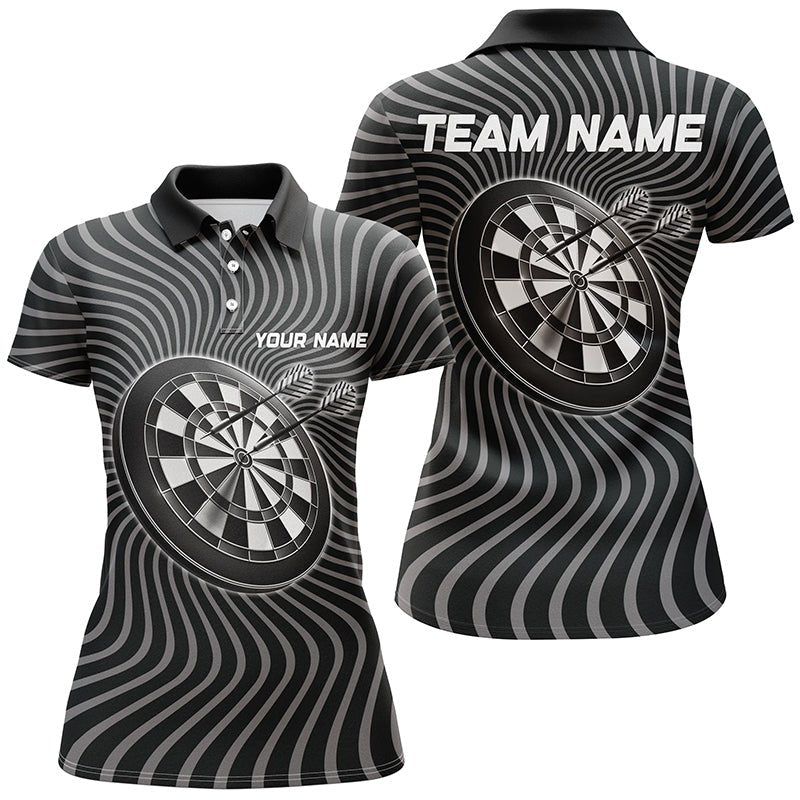 Personalisiertes Schwarz-Graues Dart Polo Shirt mit winkendem Motiv, individuell anpassbares Dart-Shirt für Frauen, Dart Trikot X633 - Climcat