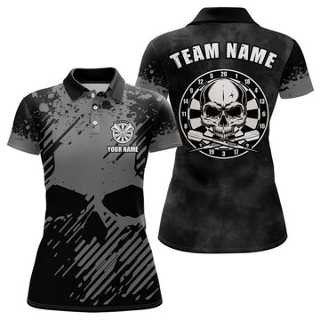 Personalisiertes Schwarz Graues Grunge Darts Polo Shirt mit Totenkopf-Motiv, Dart-Shirt für Frauen Dart Trikot G474 - Climcat