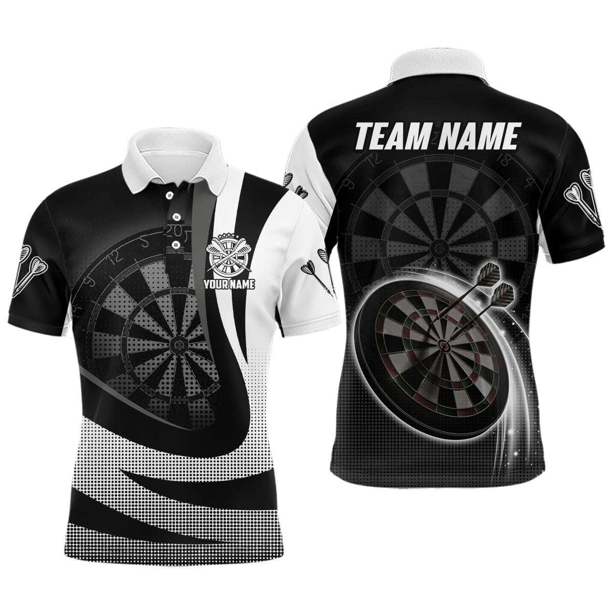 Personalisiertes Schwarz-Weißes 3D Herren Darts Polo Shirt, individuell anpassbares cooles Darts Team Trikot für Männer F852 - Climcat