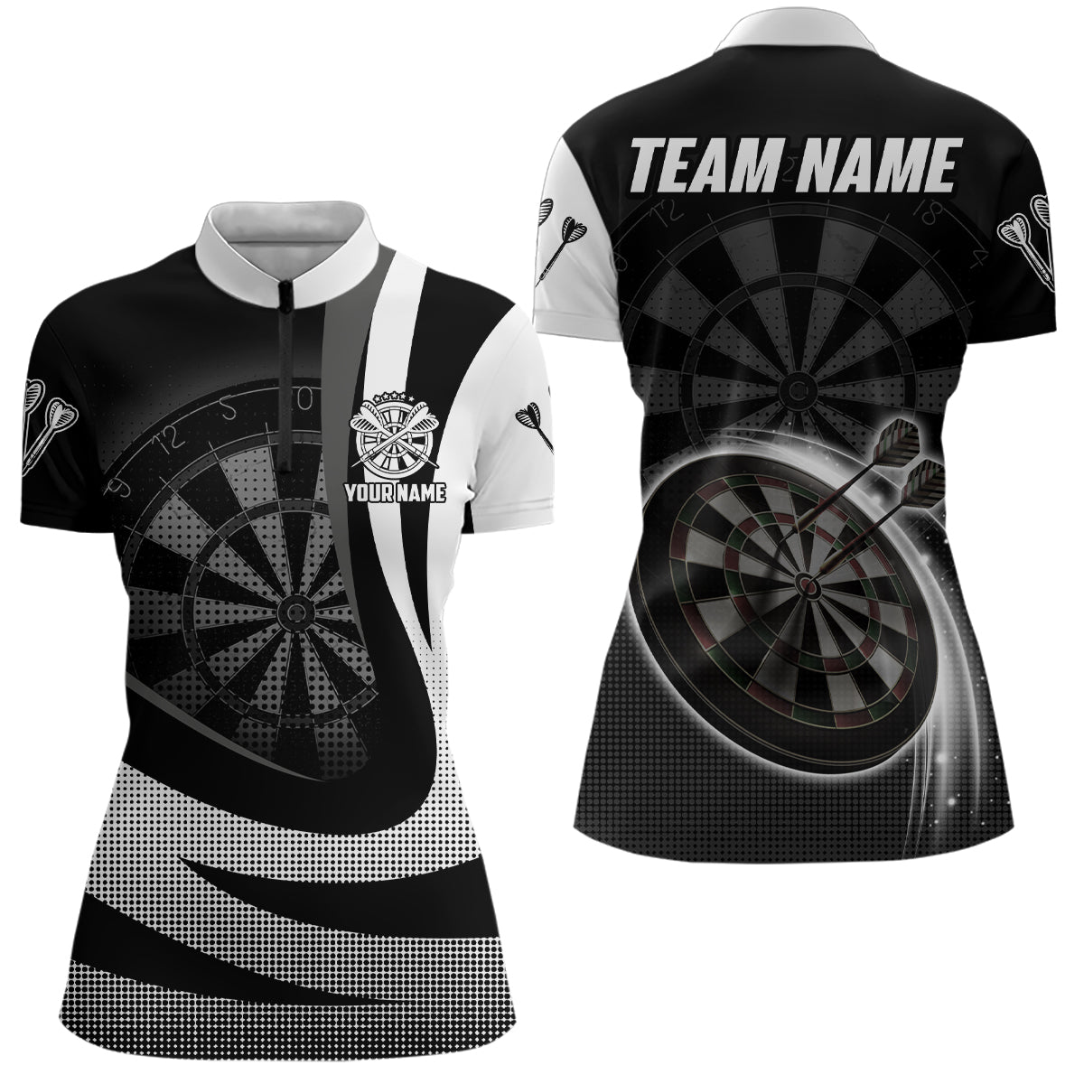 Personalisiertes Schwarz-Weißes Darts 1/4 Zip Shirt, individuell anpassbares cooles Darts Team Trikot für Frauen J609 - Climcat