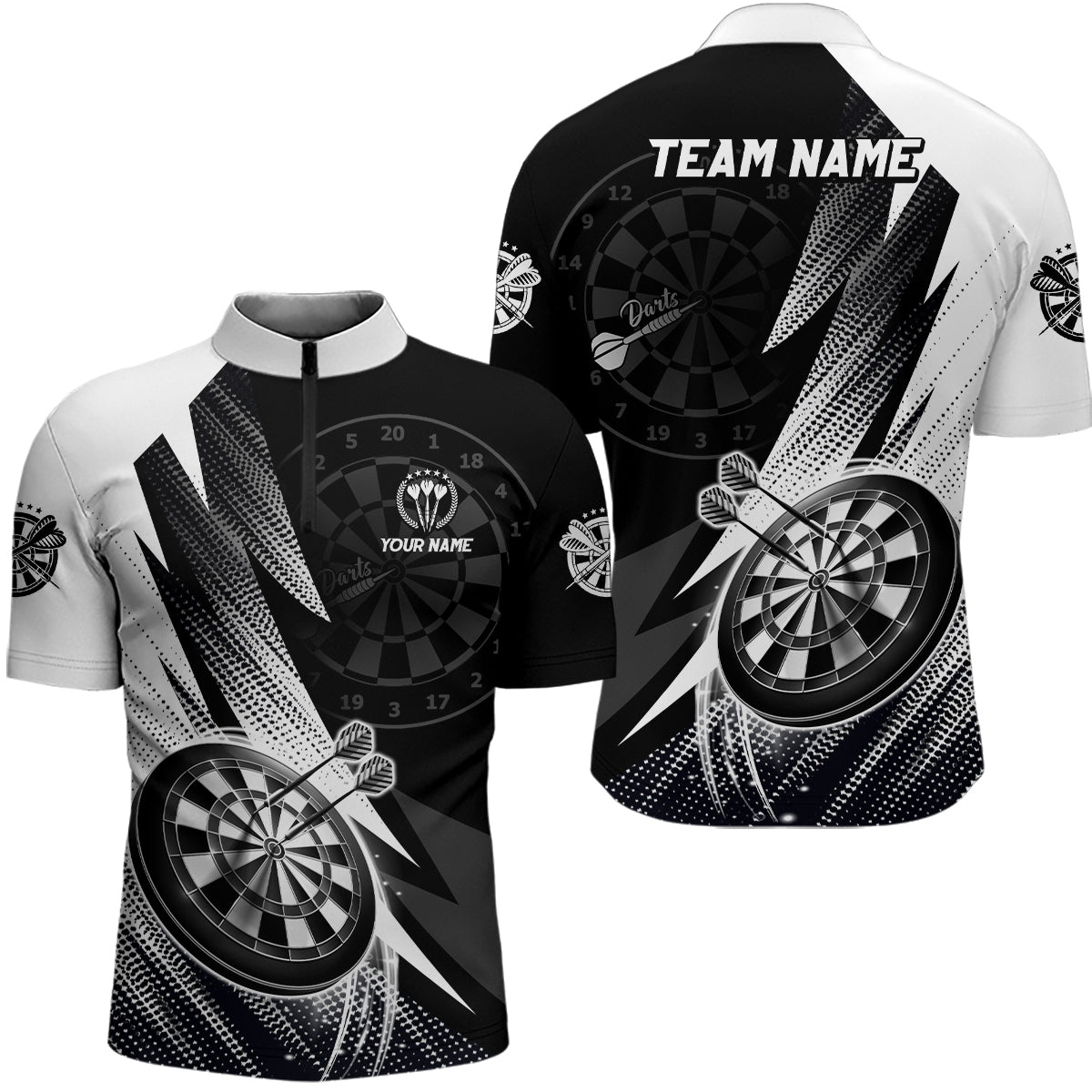 Personalisiertes Schwarz-Weißes Darts 1/4 Zip Shirt, individuell anpassbares cooles Darts Trikot für Herren Y218 - Climcat