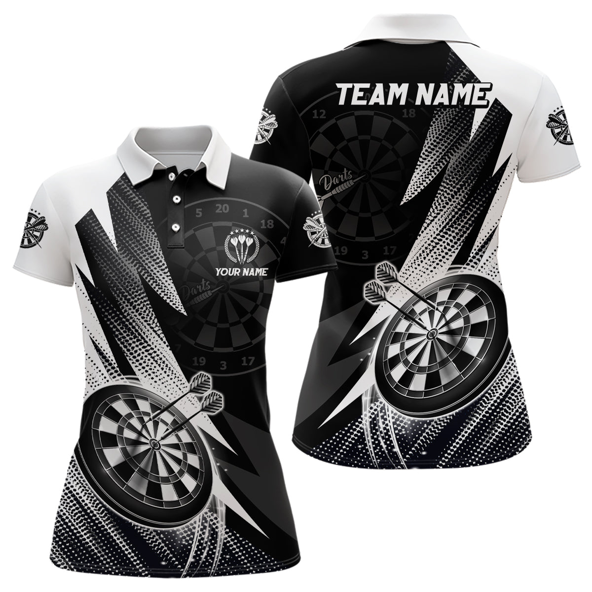 Personalisiertes Schwarz-Weißes Darts Polo Shirt, individuell anpassbares cooles Darts Shirt für Damen, Team Trikot Y749 - Climcat