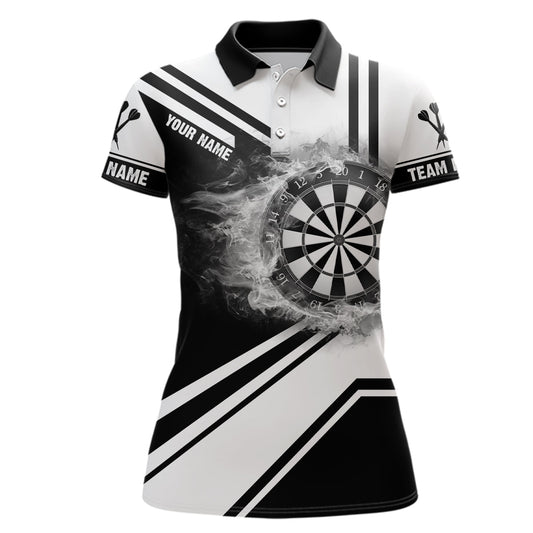 Personalisiertes Schwarz-Weißes Feuerflammen-Dartboard Polo-Shirt, individuell anpassbares Darts-Trikot für Frauen E766 - Climcat