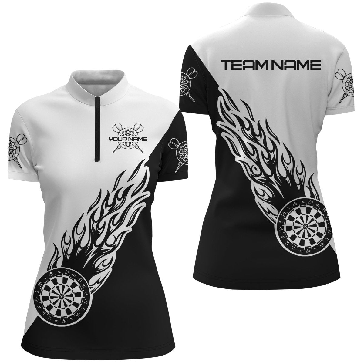 Personalisiertes Schwarz-Weißes Flammen Dart 1/4 Zip Shirt für Damen, individuell anpassbares Dart-Shirt, Dart-Trikot D635 - Climcat