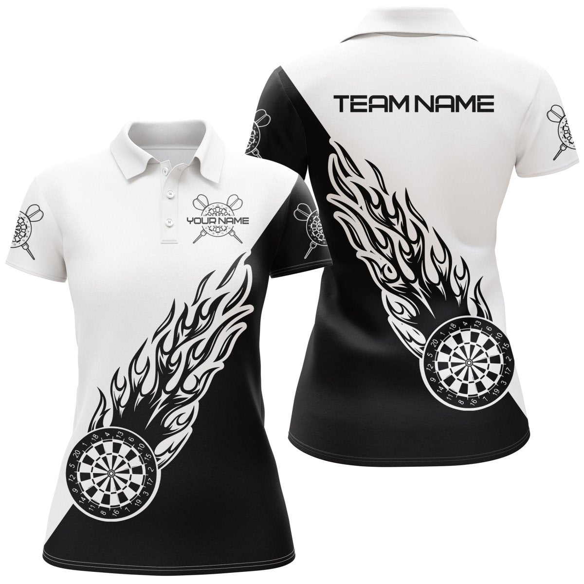 Personalisiertes Schwarz-Weißes Flammen Dart Polo Shirt, individuell anpassbares Dart Shirt für Frauen, Dart Trikot I296 - Climcat