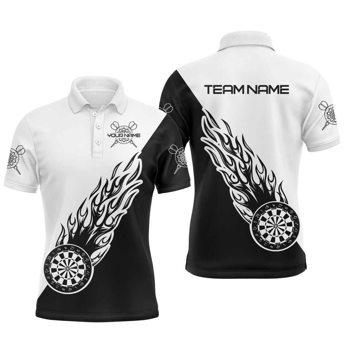 Personalisiertes Schwarz-Weißes Flammen-Darts Herren Polo Shirt, individuell anpassbares Dart-Shirt für Männer, Dart Trikot V966 - Climcat