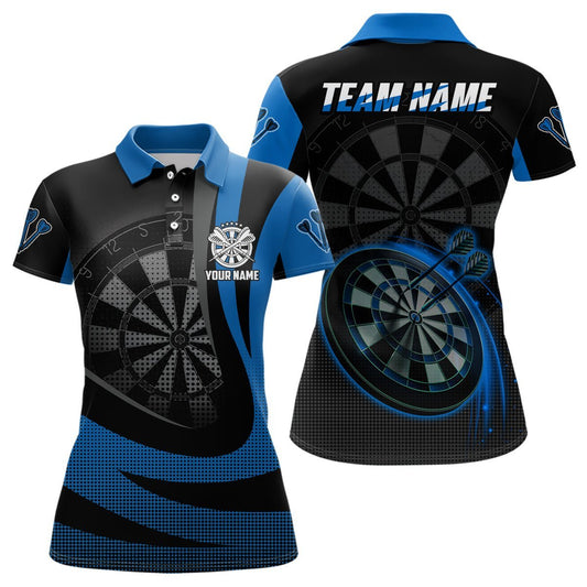 Personalisiertes schwarzes blaues 3D Damen Darts Polo Shirt, individuell anpassbares cooles Darts Team Trikot für Frauen K306 - Climcat