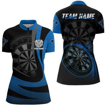 Personalisiertes schwarzes blaues 3D-Darts-Quarter-Zip-Shirt, individuell anpassbares cooles Darts-Team-Trikot für Frauen X457 - Climcat