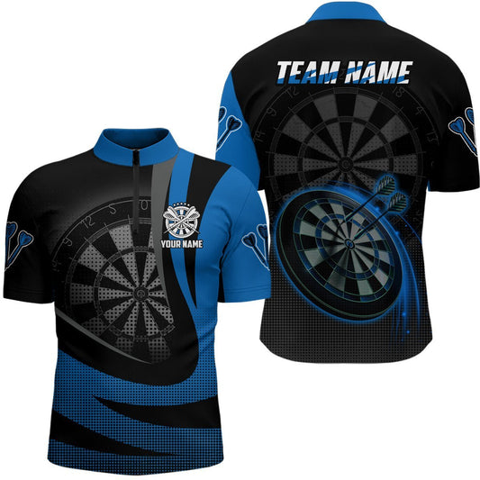 Personalisiertes schwarzes blaues 3D-Darts-Quarter-Zip-Shirt, individuell anpassbares cooles Darts-Team-Trikot für Herren LDT1031 S852 - Climcat