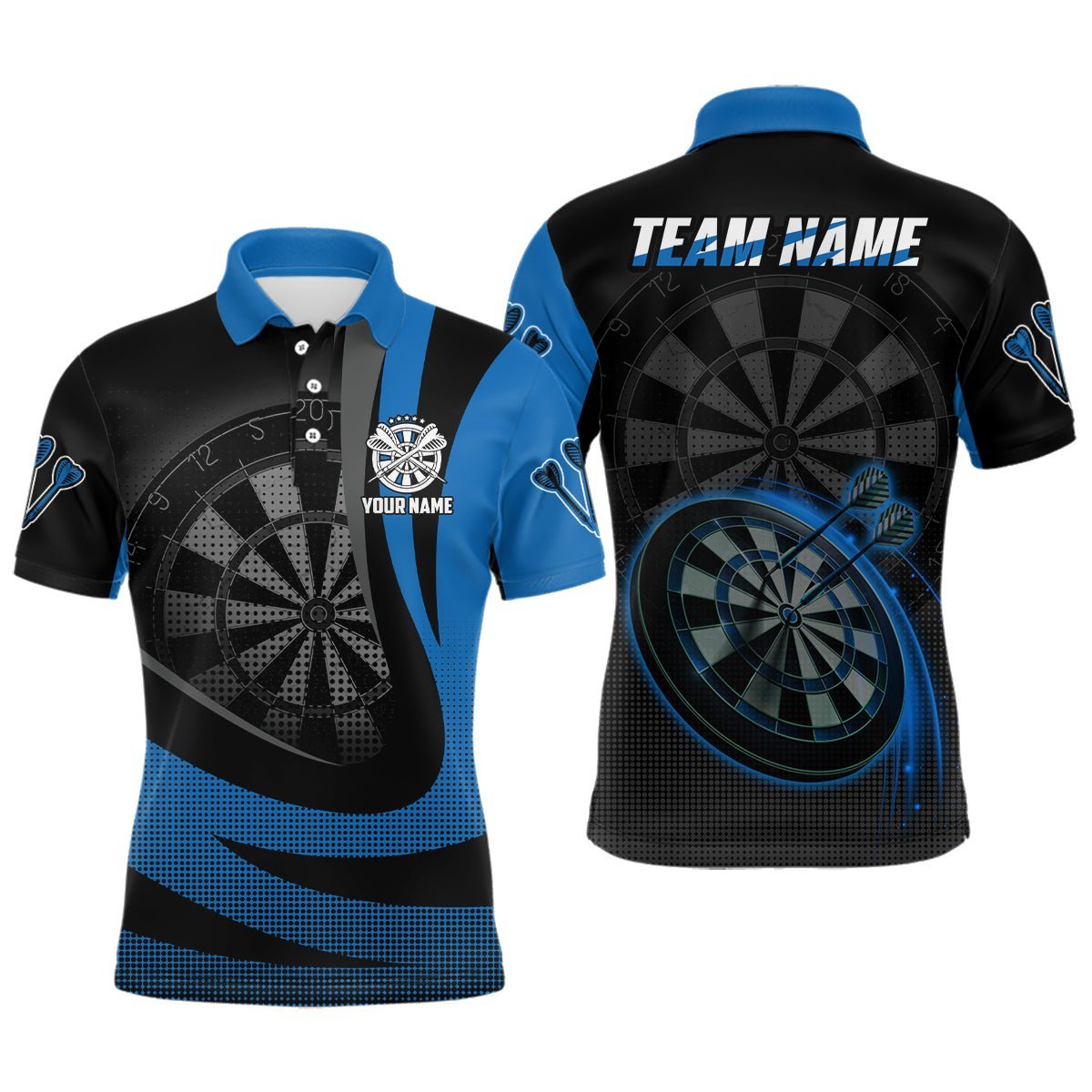 Personalisiertes schwarzes blaues 3D Herren Darts Polo Shirt, individuell anpassbares cooles Darts Team Trikot für Männer Q714 - Climcat