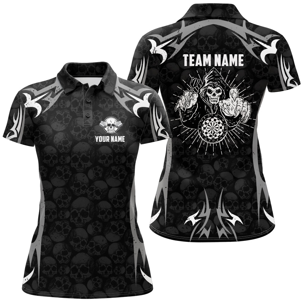 Personalisiertes schwarzes graues Darts Skull Reaper Polo Shirt, individuell anpassbares gruseliges Darts-Trikot für Frauen U75 - Climcat