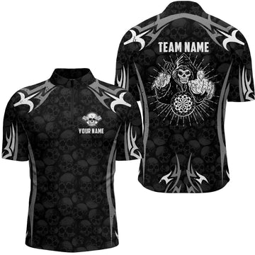 Personalisiertes schwarzes graues Darts Totenkopf Reaper 1/4 Zip Shirt, individuell anpassbares Herren Darts Trikot E585 - Climcat