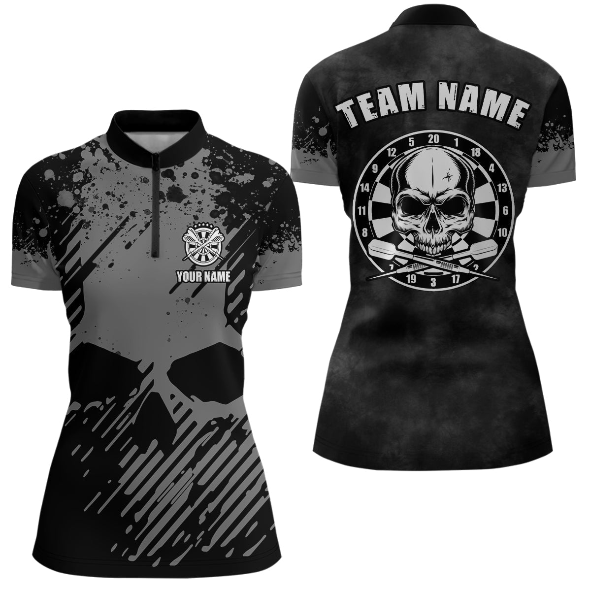 Personalisiertes schwarzes graues Grunge-Darts-Quarter-Zip-Shirt mit Totenkopf-Darts-Trikot für Frauen R284 - Climcat