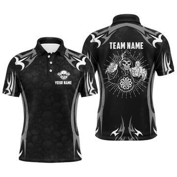 Personalisiertes schwarzes graues Totenkopf-Reaper-Darts-Polo-Shirt, individuell anpassbares gruseliges Darts-Trikot für Herren T68 - Climcat