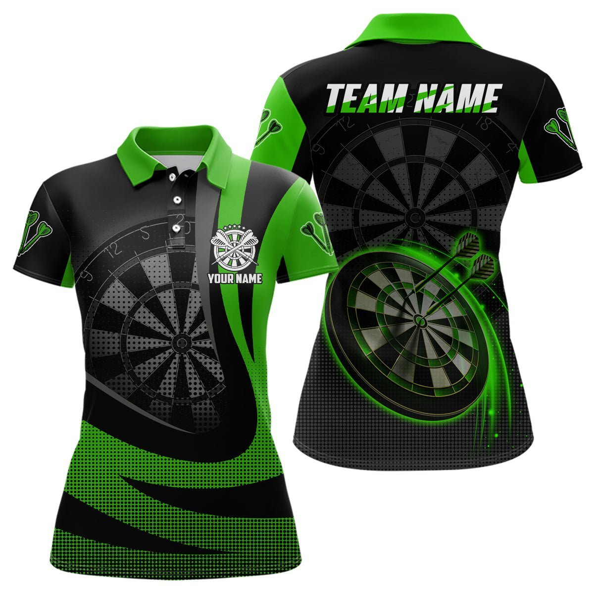 Personalisiertes schwarzes grünes 3D Damen Darts Polo Shirt, individuell anpassbares cooles Darts Team Trikot für Frauen X241 - Climcat