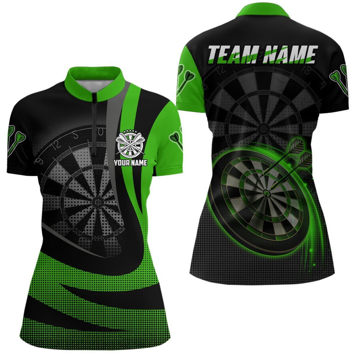 Personalisiertes schwarzes grünes 3D-Darts-Quarter-Zip-Shirt, individuell anpassbares cooles Dart-Team-Trikot für Frauen LDT1030 Z672 - Climcat