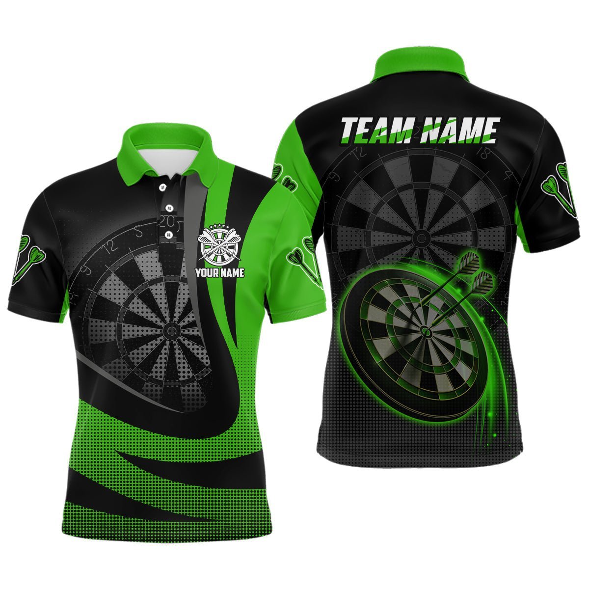 Personalisiertes schwarzes grünes 3D Herren Darts Polo Shirt, individuell anpassbares cooles Darts Team Trikot für Männer X189 - Climcat